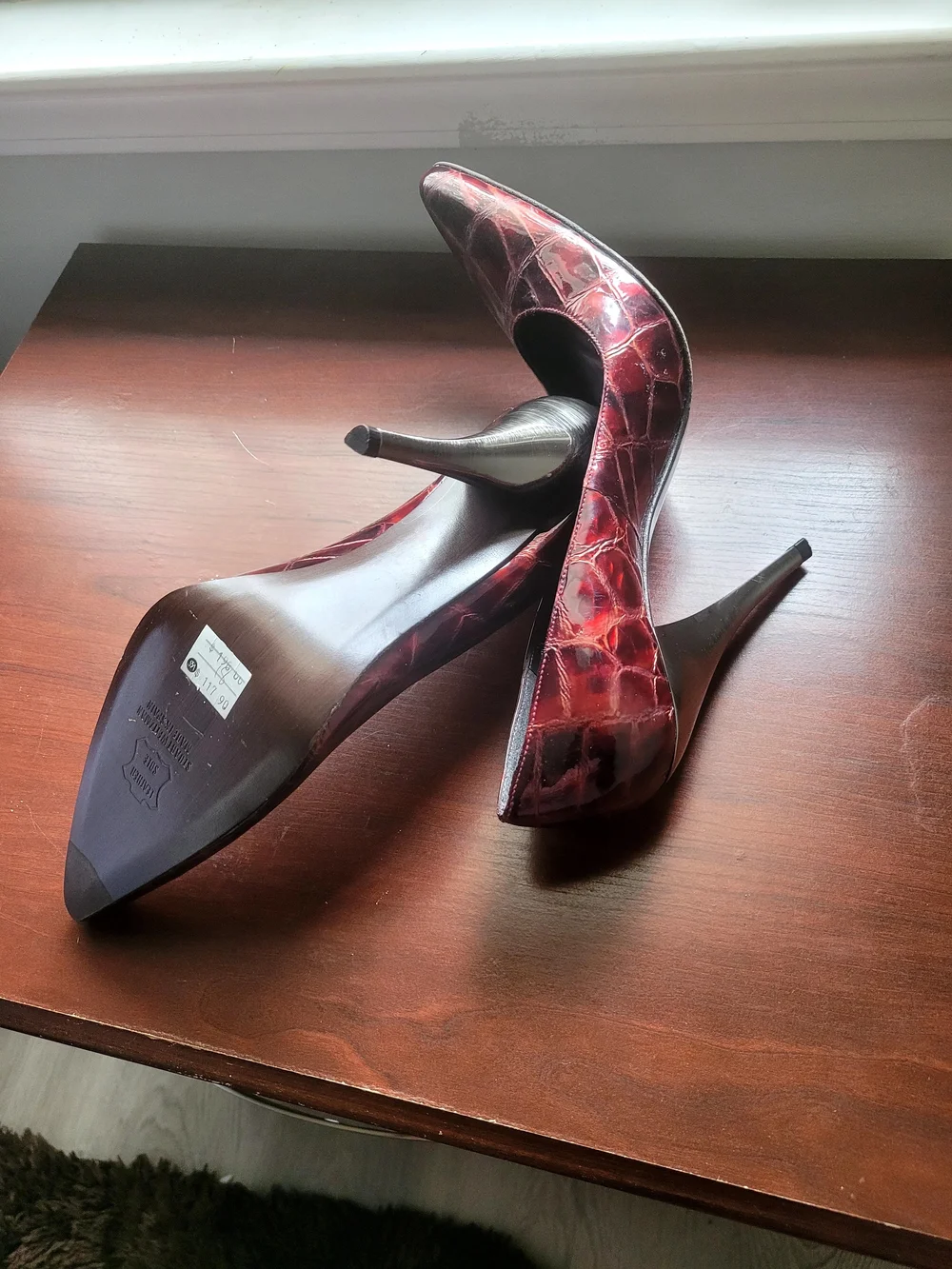 Stuart Weitzman Women's Burgundy Croc Patent Pointed-Toe Pumps